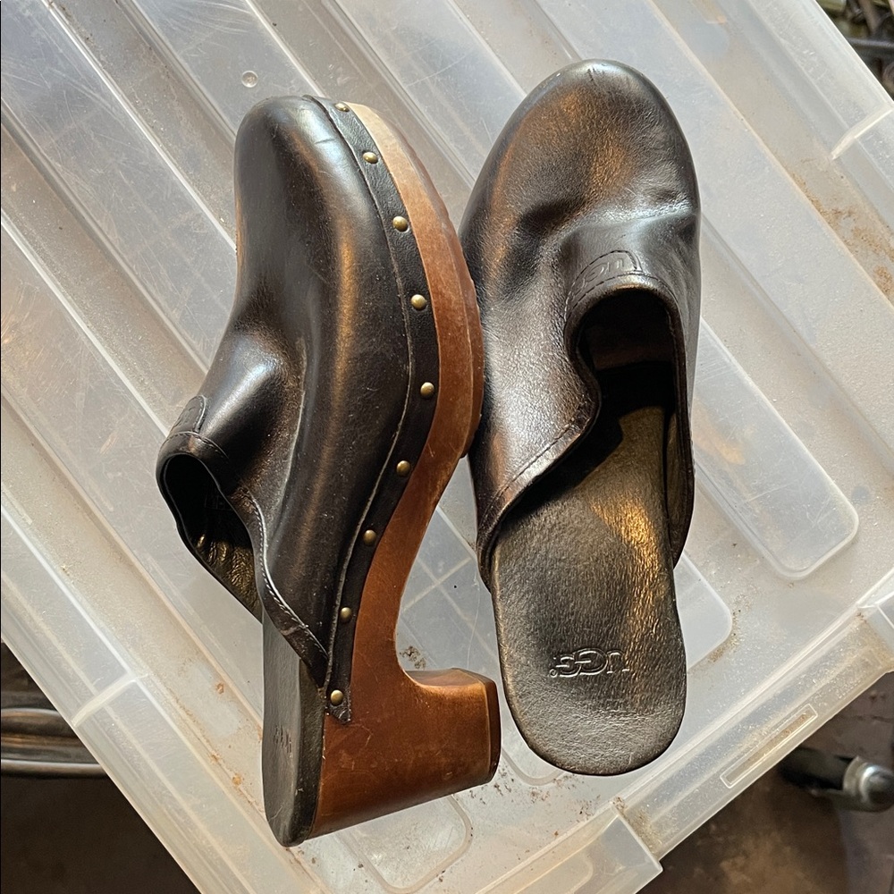UGG Women's Black Leather Mules with Wooden Heel